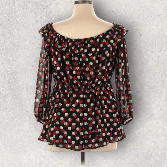 Lane Bryant Plus Size 14-16 Floral Metallic Peasant Blouse Sheer Ruffle Neck - Picture 3 of 6